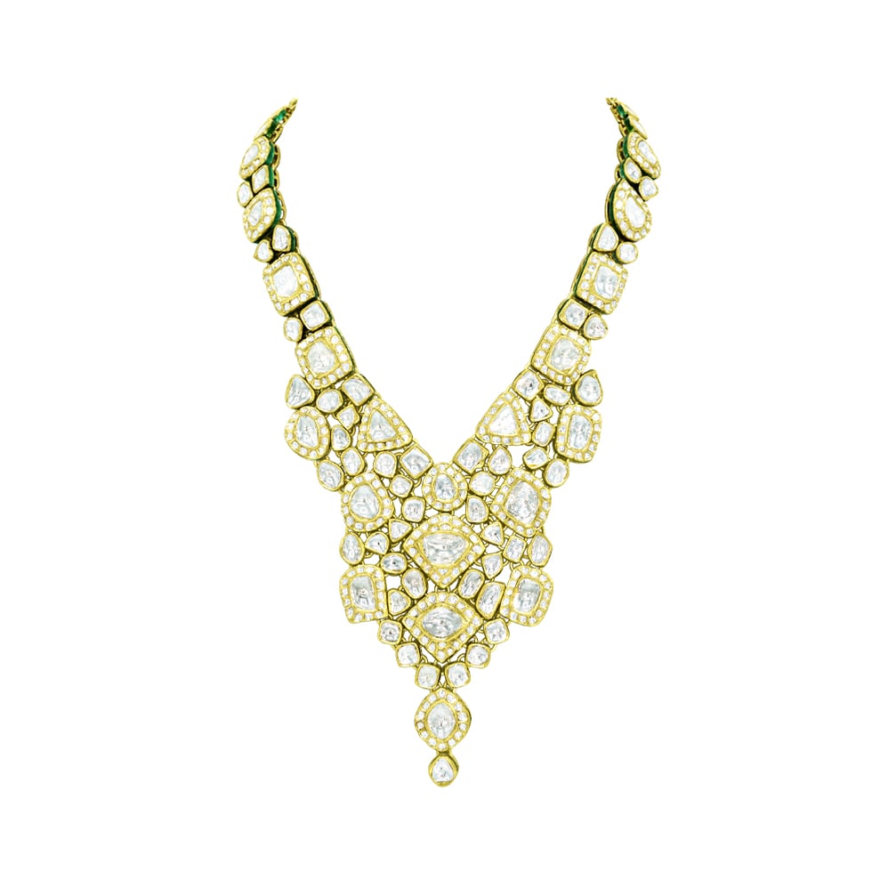V-Shaped Polki Set with Cascading Uncut Diamonds